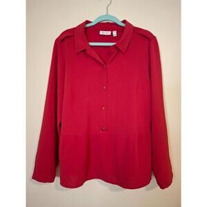 Denim &‎ Co. Women's Large Red Long Sleeve Button Peplum Shirt Blouse